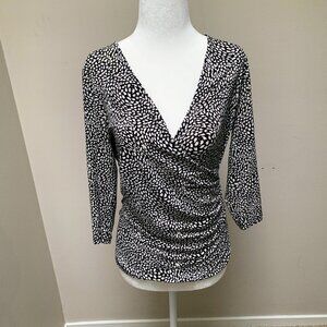 Leota Black White Animal Print Faux Wrap Top 3/4 Sleeve EUC Size XS